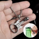 Skull Guitar Men Pendant Necklace Stainless Steel Skeleton Punk Jewelry