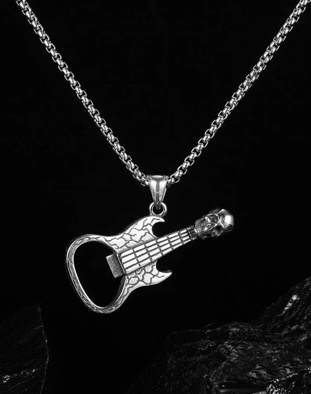 Skull Guitar Men Pendant Necklace Stainless Steel Skeleton Punk Jewelry