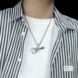 Skull Guitar Men Pendant Necklace Stainless Steel Skeleton Punk Jewelry