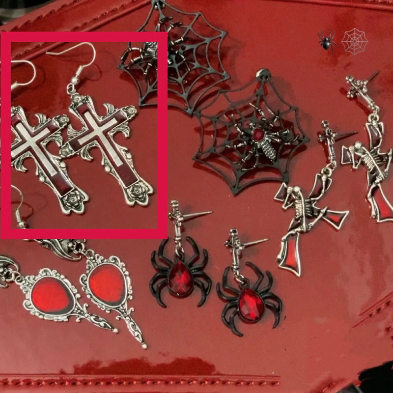 Gothic Dark Red Zircon Cross Spider Stud Earrings Sweet Punk Accessories