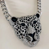 Halloween Leopard Head Iced Out Pendant Necklace Cuban Link Chain Gothic Jewelry