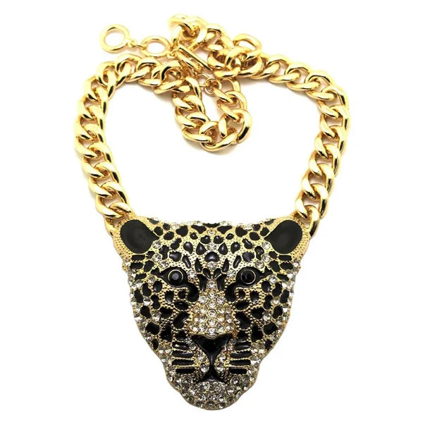 Halloween Leopard Head Iced Out Pendant Necklace Cuban Link Chain Gothic Jewelry