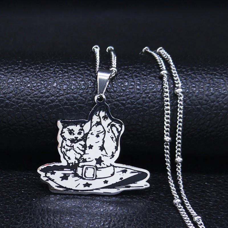 Halloween Magic Hat Cat Silver Stainless Steel Statement Necklace