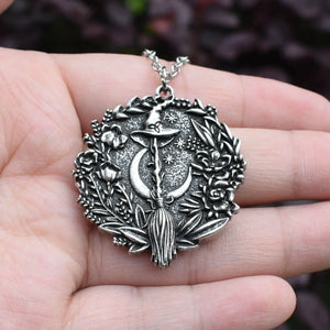 Halloween Moon Wizard Hat Witch Broom Pendant Necklace Gothic Charm Jewelry