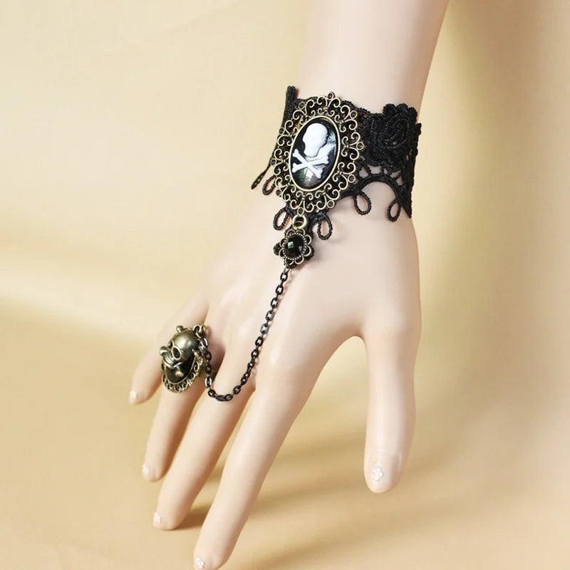 Vintage Lace Pirate Skull Bracelet with Open Ring