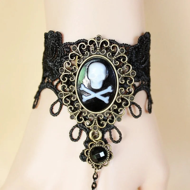 Vintage Lace Pirate Skull Bracelet with Open Ring