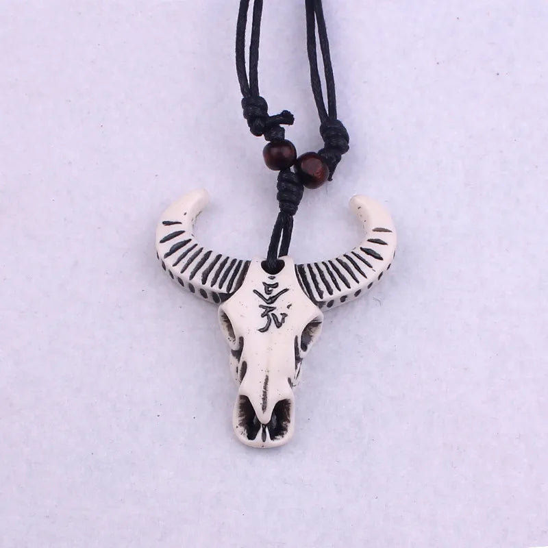 Halloween Cow Bone Carving Necklace Cow Head Pendant