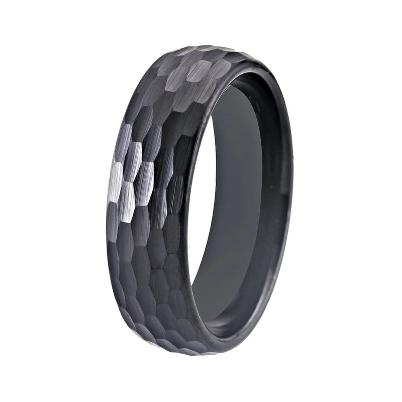 8mm Domed Tungsten Ring Hammered Comfort Fit Wedding Band
