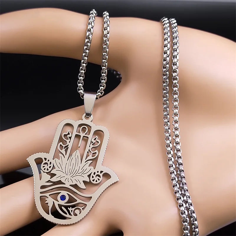 Hamsa Hand Ankh Lotus Necklace Stainless Steel Silver Eye of Horus N8075S02