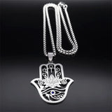 Hamsa Hand Ankh Lotus Necklace Stainless Steel Silver Eye of Horus N8075S02
