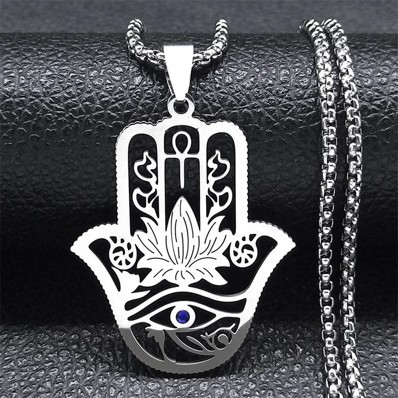 Hamsa Hand Ankh Lotus Necklace Stainless Steel Silver Eye of Horus N8075S02