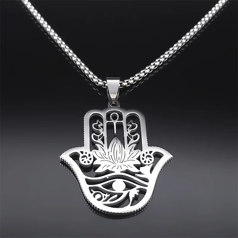 Hamsa Hand Ankh Lotus Necklace Stainless Steel Silver Eye of Horus N8075S02