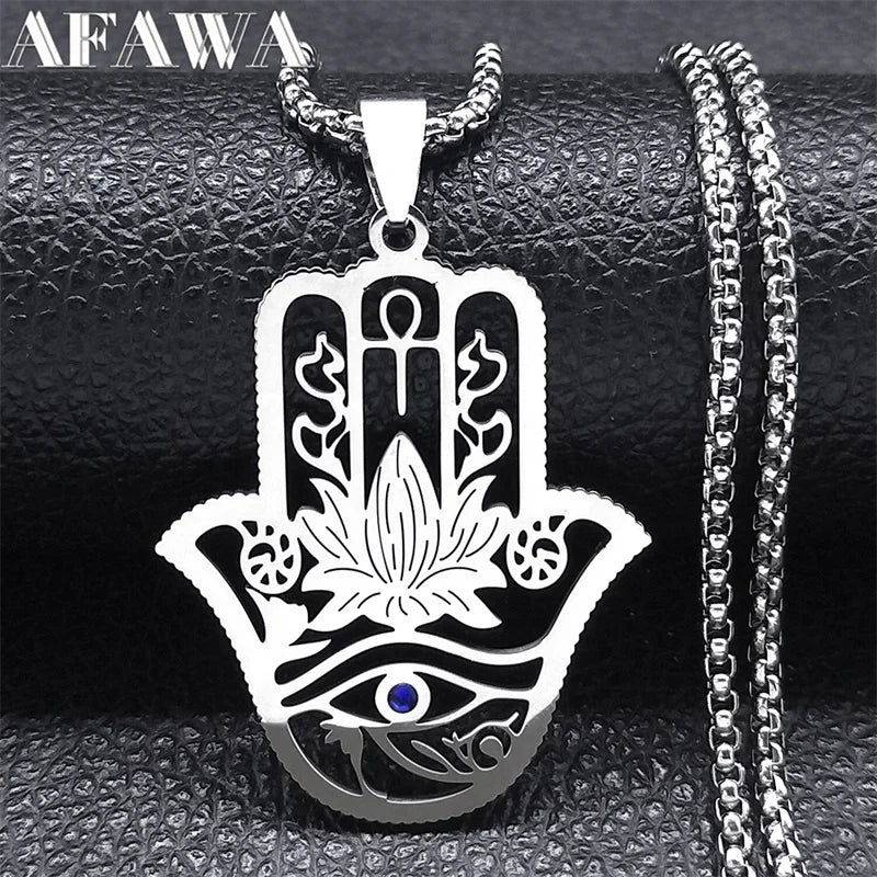 Hamsa Hand Ankh Lotus Necklace Stainless Steel Silver Eye of Horus N8075S02