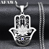 Hamsa Hand Ankh Lotus Necklace Stainless Steel Silver Eye of Horus N8075S02
