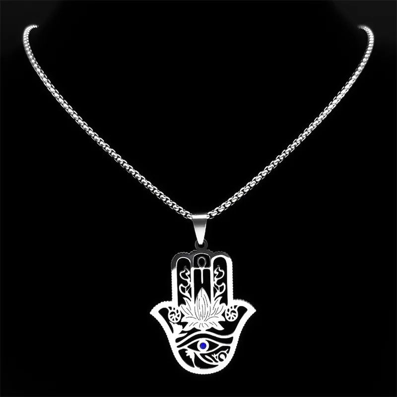 Hamsa Hand Ankh Lotus Necklace Stainless Steel Silver Eye of Horus N8075S02