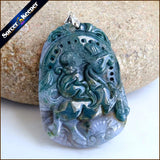 Hand Carved Brave Troops Green Agate Stone Pendant Necklace for Boys