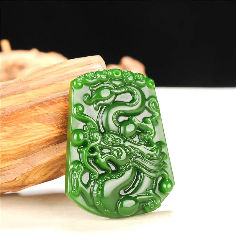 Hand Carved Dragon Green Jade Pendant Necklace Charm Jadeite Jewellery