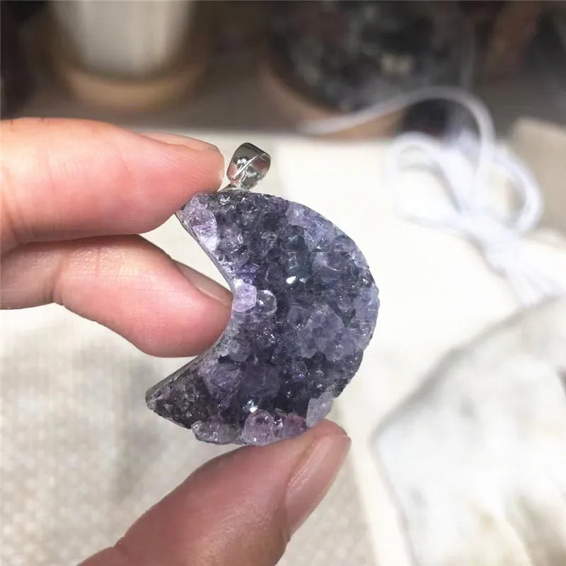 Natural Amethyst Cluster Crystal Moon Pendant for Healing