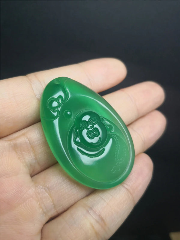 Hand Carved Green Chalcedony Buddha Pendant