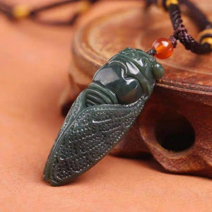 Hand Carved Natural He Tian Jade Cyan Cicada Pendant Beads Necklace