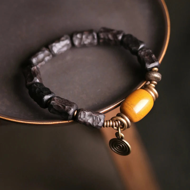 Hand Carved Strip Ebony Vintage Copper Bracelet Wood Jewelry