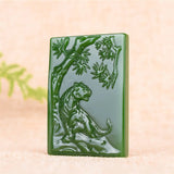 Hand-Carved Tiger Green Jade Pendant Necklace Chinese Amulet