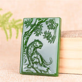 Hand-Carved Tiger Green Jade Pendant Necklace Chinese Amulet