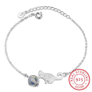 925 Silver Crystal Cat Bracelet Sweet Moonstone Jewelry SB119