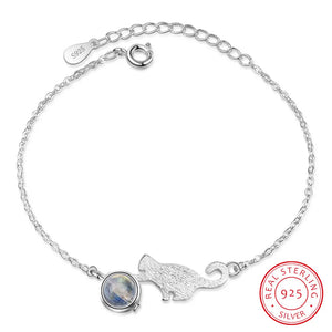 925 Silver Crystal Cat Bracelet Sweet Moonstone Jewelry SB119