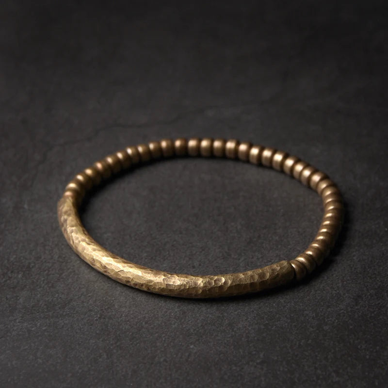 Hand Hammered Brass Tube Beaded Bracelet Vintage Street Rock Metal Jewelry