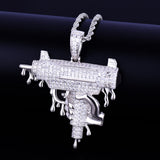 Gun Shape Pendant Necklace Iced Out CZ Men's Hip Hop Rock Jewelry