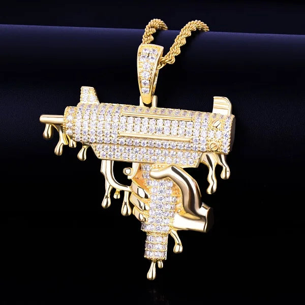 Gun Shape Pendant Necklace Iced Out CZ Men's Hip Hop Rock Jewelry