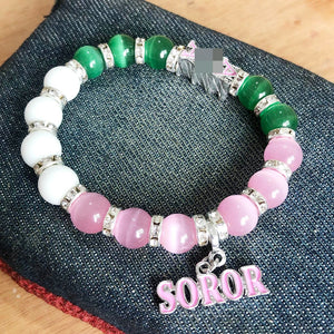 Greek Sorority Elastic Bracelet Green Pink Charm Pendant