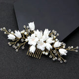 Hand Ceramic Flowers Bridal Hair Comb with Pearl Rhinestones