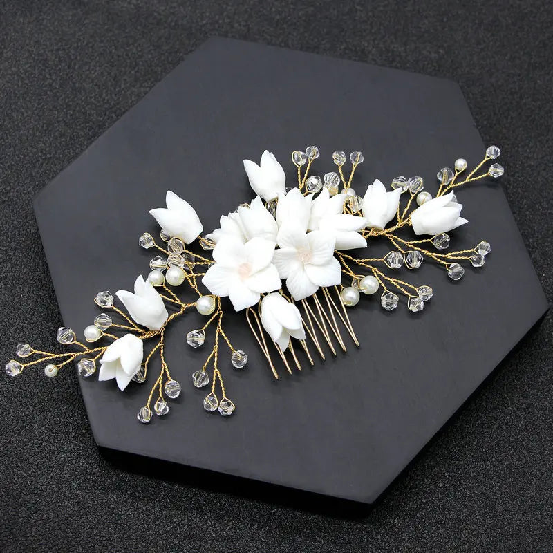 Hand Ceramic Flowers Bridal Hair Comb with Pearl Rhinestones