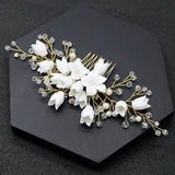 Hand Ceramic Flowers Bridal Hair Comb with Pearl Rhinestones