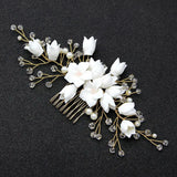 Hand Ceramic Flowers Bridal Hair Comb with Pearl Rhinestones