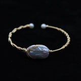 Hand-Wound Baroque Pearl Bracelet 14K Plated Bangle