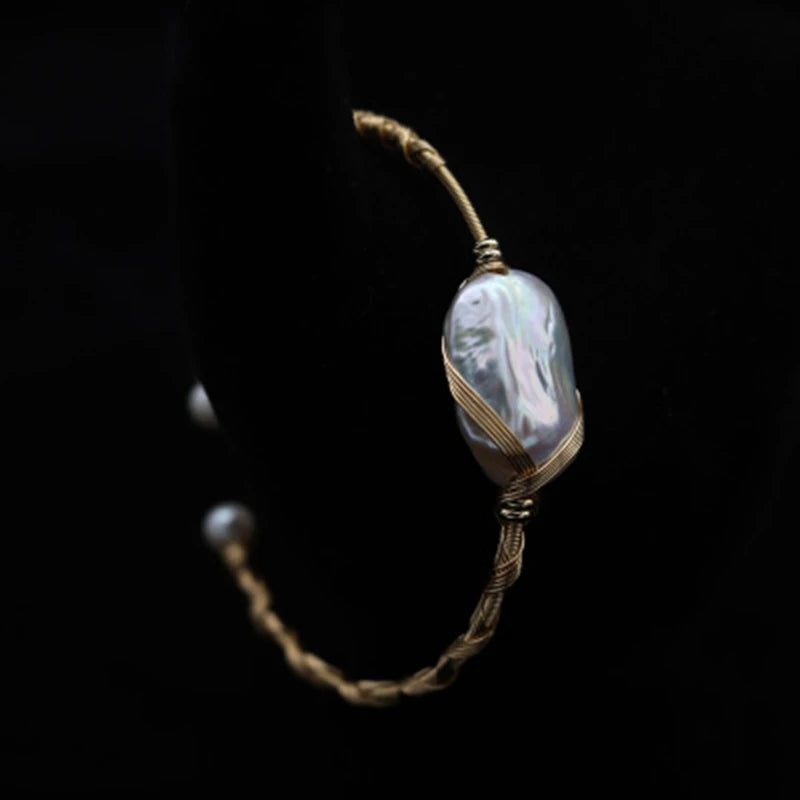 Hand-Wound Baroque Pearl Bracelet 14K Plated Bangle