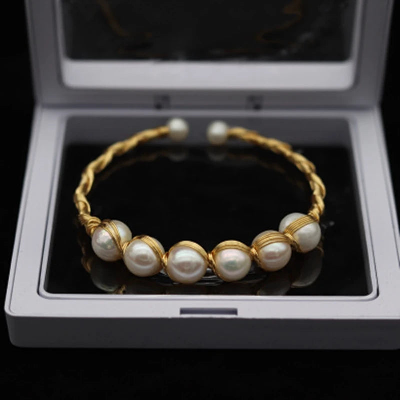 Hand-Wound AA Natural Freshwater Pearl 14K Filled Bangle