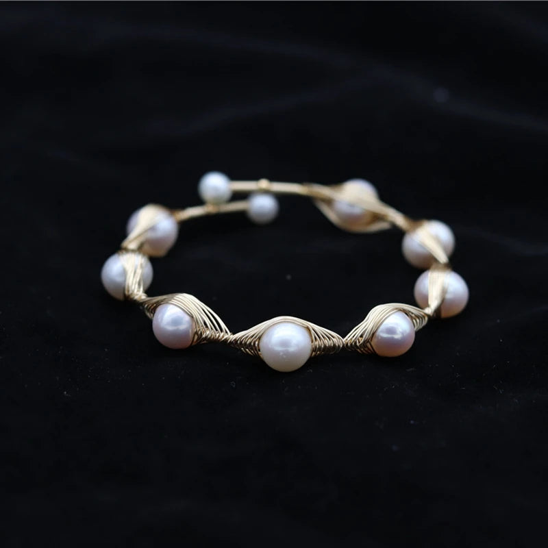 Hand-Wound AA Natural Pearl Bracelet 14K Plated Copper Bangle