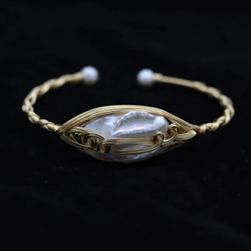 Braided AA Natural Pearl Bracelet 14K Plated Bangle