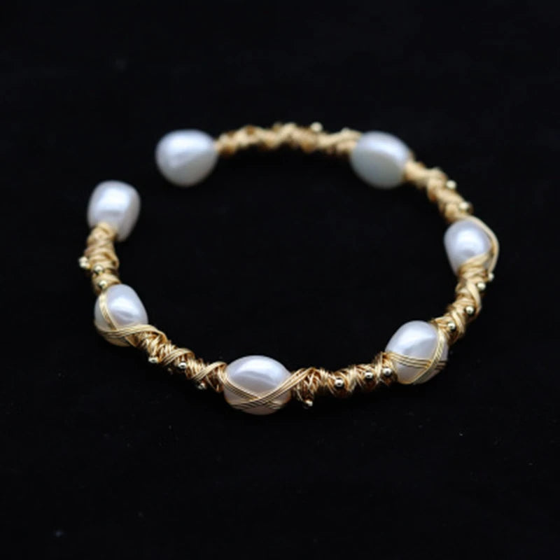 Natural Freshwater Pearl Bracelet 14K Plated Bangle