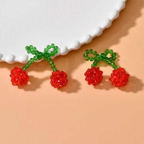 Hand Woven Crystal Glass Pearl Red Cherry Fruit Pendant DIY Ear Jewelry