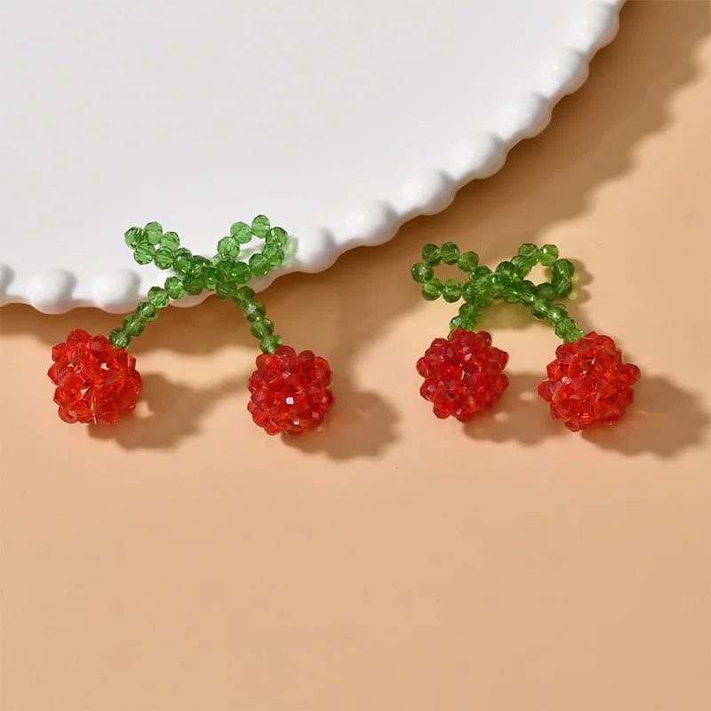 Hand Woven Crystal Glass Pearl Red Cherry Fruit Pendant