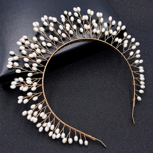 Hand Woven Hairband Metal Leaves Pearl Headbands For Women Bride Crown Tiara