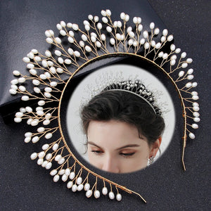 Hand Woven Hairband Metal Leaves Pearl Headbands For Women Bride Crown Tiara
