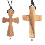 Hand-carved Wood Cross Necklace Long Leather Rope Adjustable Pendant