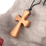 Hand-carved Wood Cross Necklace Long Leather Rope Adjustable Pendant