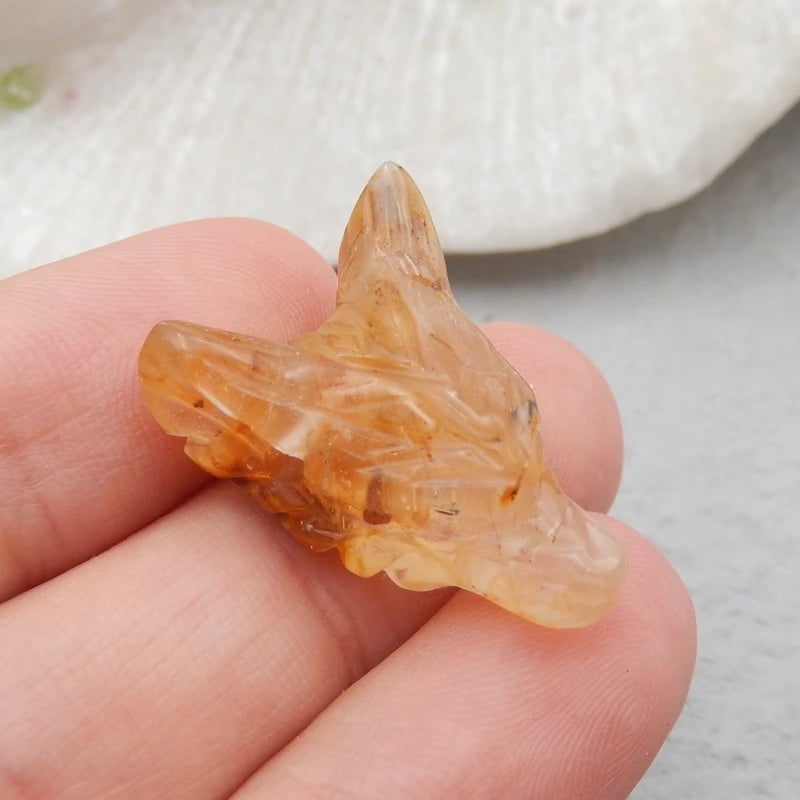 Hand Carved Rutilated Quartz Wolf Head Pendant Bead 23x16x10mm